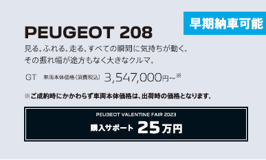 早期納車可能 PEUGEOT 208 / 見る。ふれる。走る。すべての瞬間に気持ちが動く。その振れ幅が途方もなく大きなクルマ。GT 車両本体価格（消費税込）3,547,000円～ | アクセサリーサポート25万円